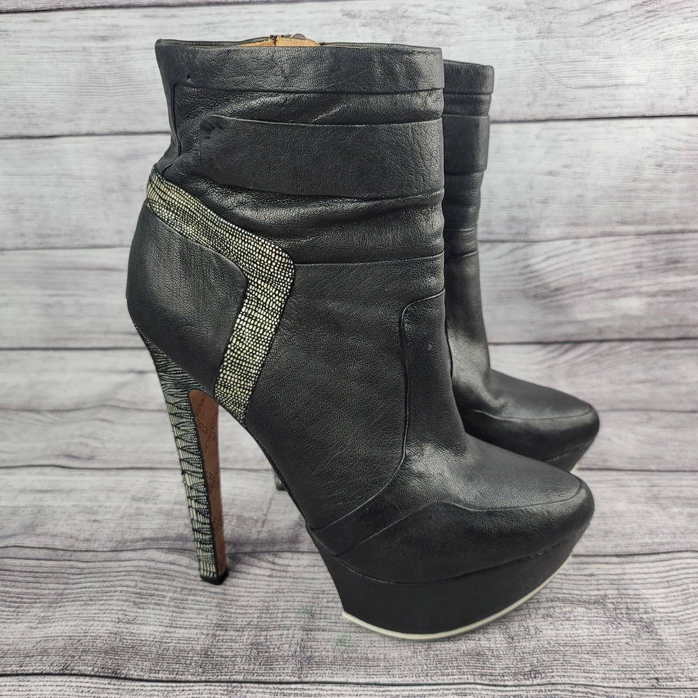L.A.M.B. Dorene 7.5M Black Leather High Stiletto Heel Platform Booties